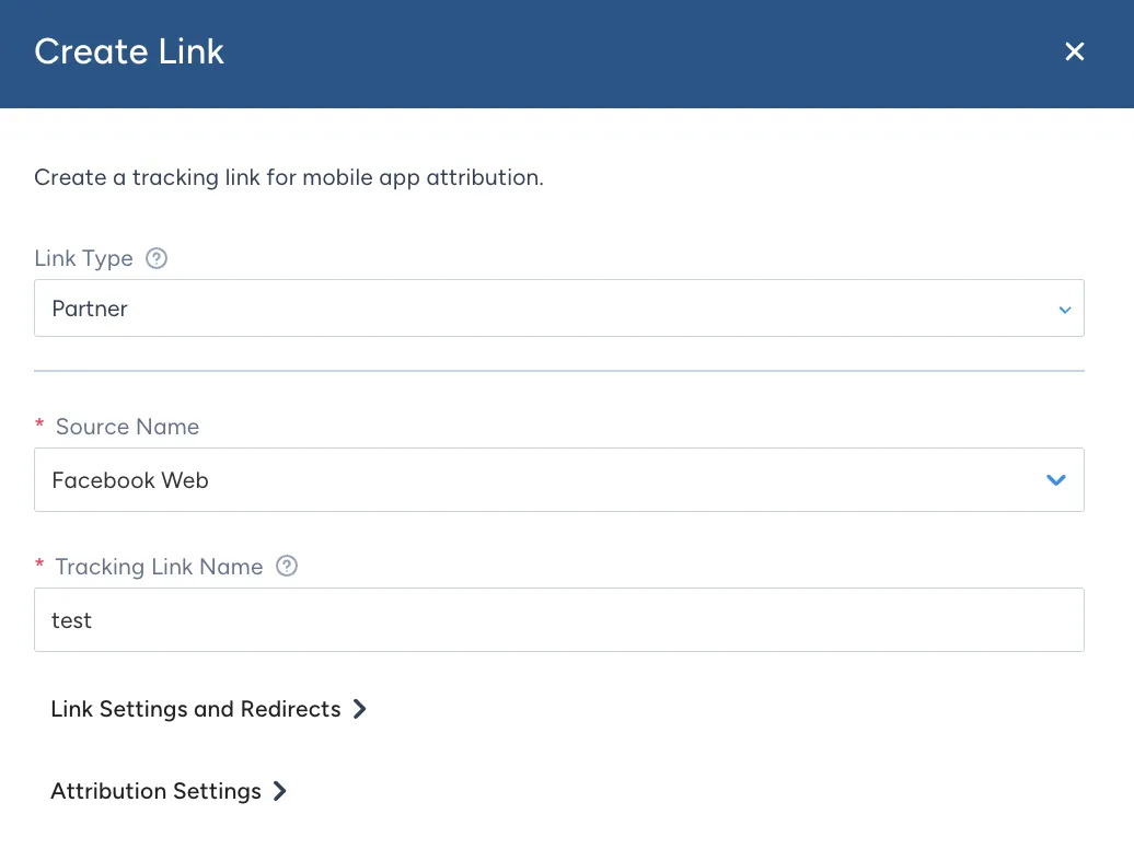 Singular Create Link dialog with Partner link type and Facebook Web source