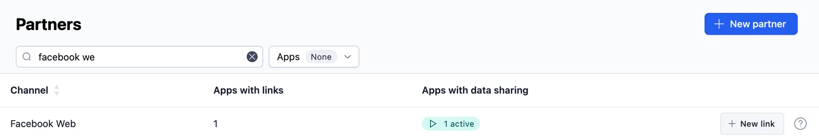 Adjust Facebook Web partner page with the New link button highlighted