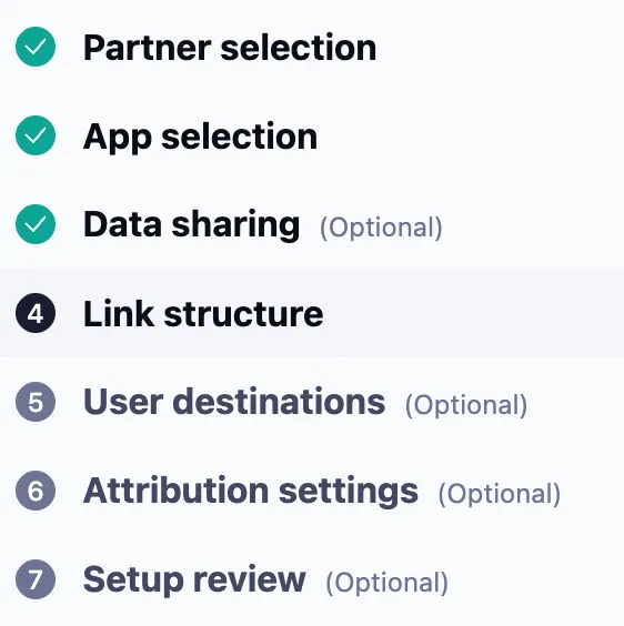 Adjust user destinations, attribution settings, and setup review steps