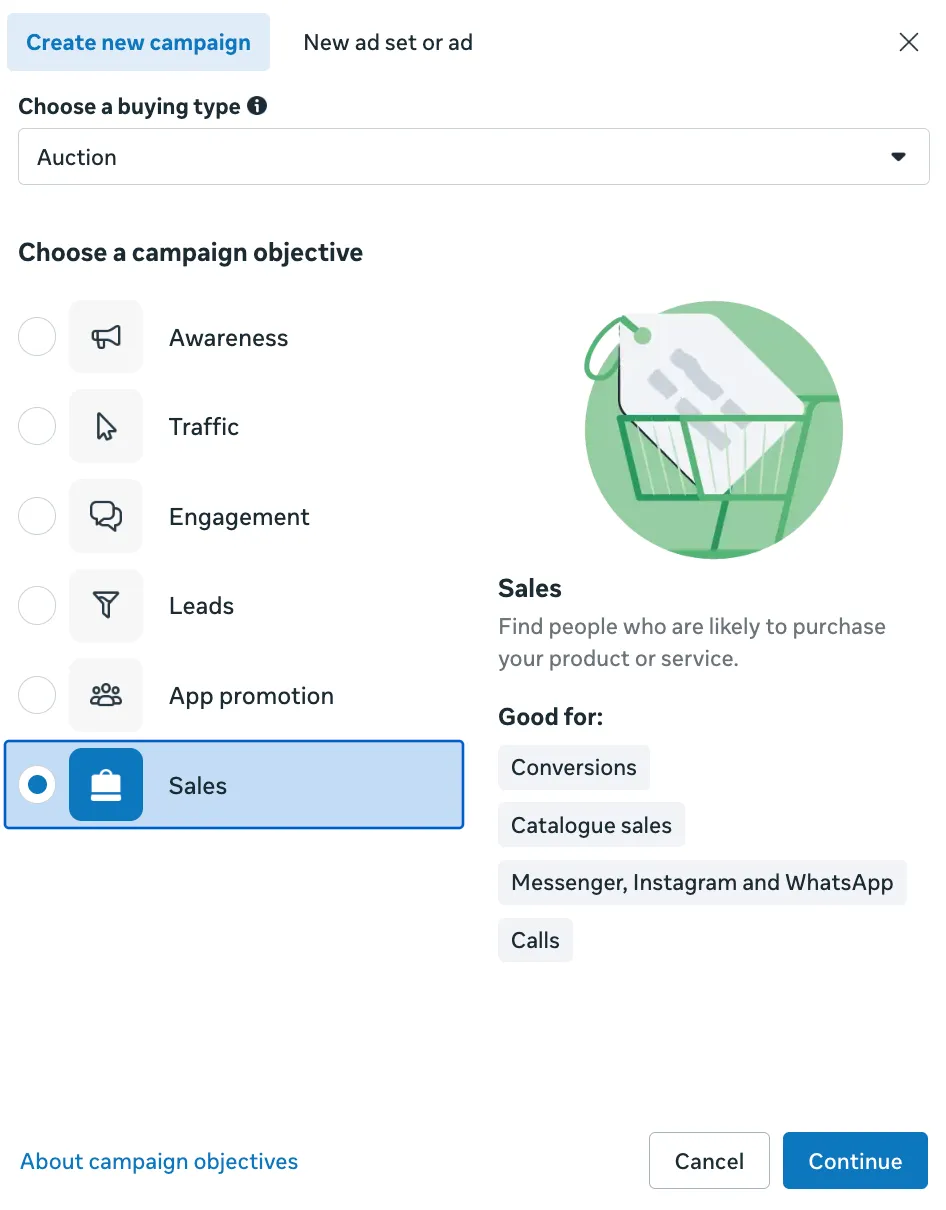 Meta Ads Manager campaign creation with the Sales objective selected