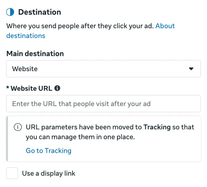 Meta Ads Manager ad-level Destination URL field with the MMP tracking link pasted in