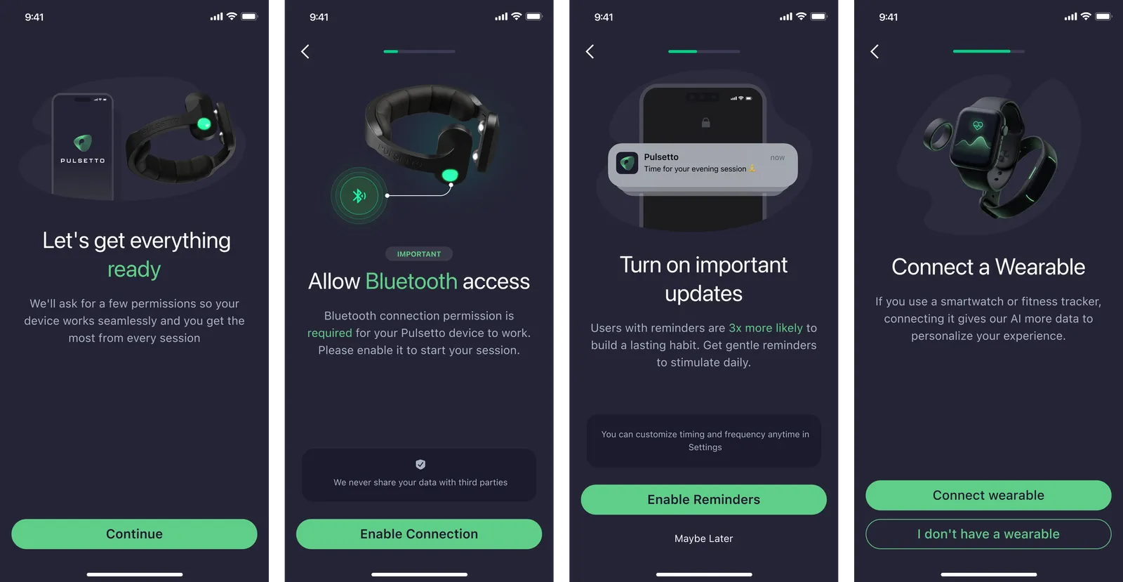 The guided setup flow in the Pulsetto app: why the connections matter, then device pairing, notifications and wearable