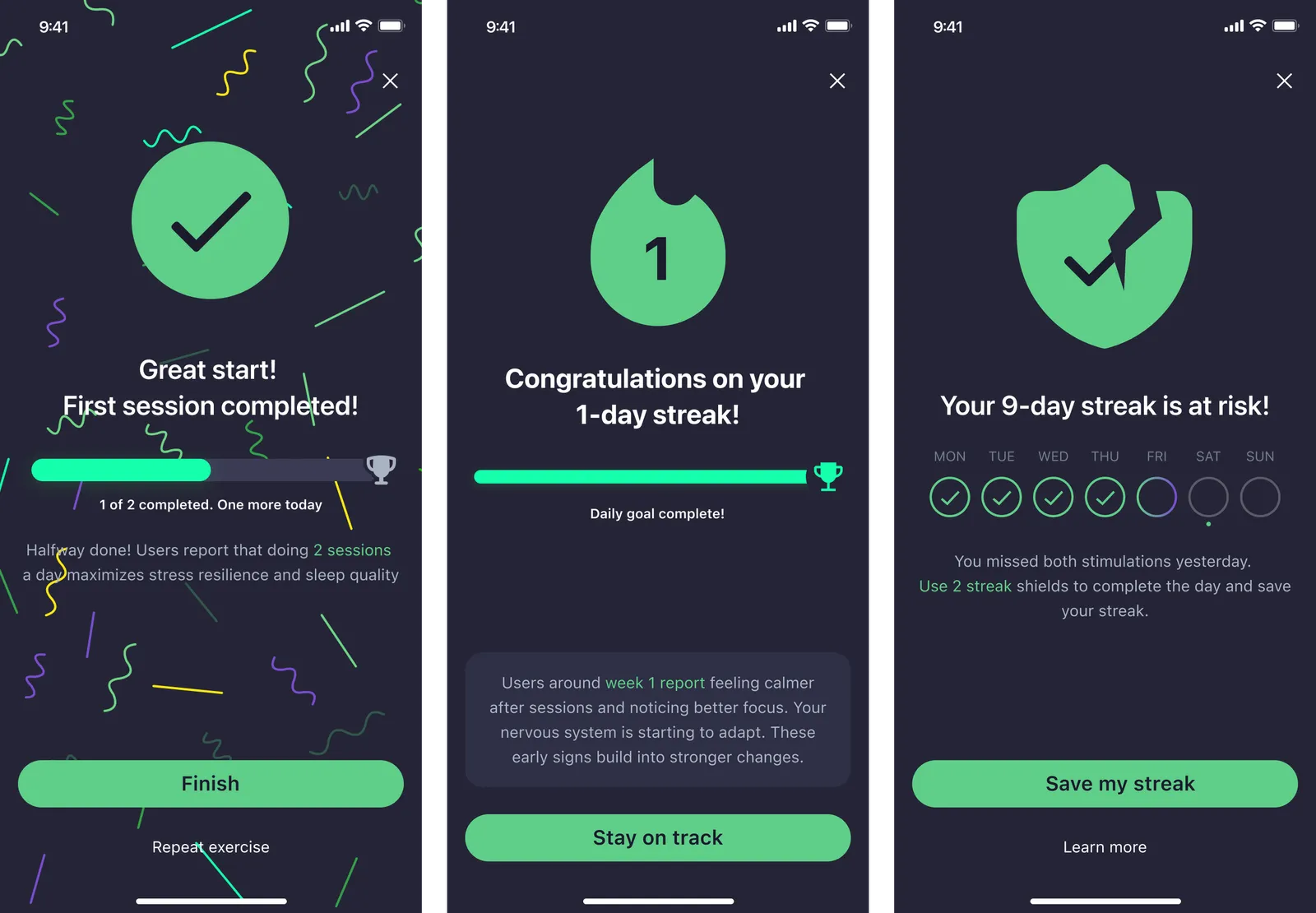 The redesigned streak system in the Pulsetto app, with milestones and streak shields