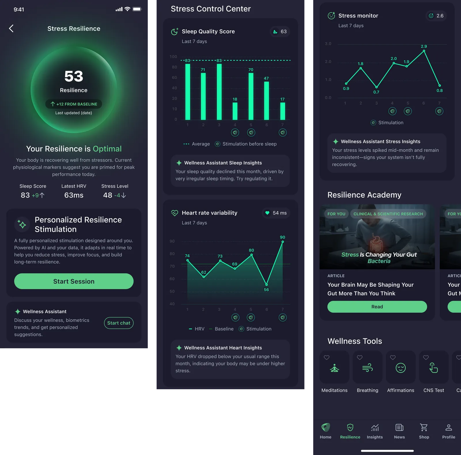 The Stress Resilience screen in the Pulsetto app: the resilience score, personalized stimulation, and sleep, HRV and stress trends