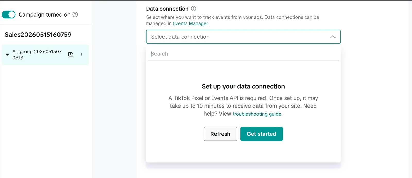 *The TikTok plus AppsFlyer chicken-and-egg: the weblink dataset never populates, so Sales objective can't be selected.*