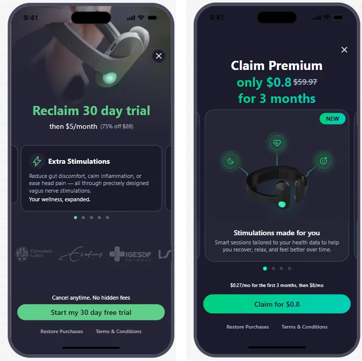 Pulsetto win-back paywall for lapsed subscribers next to a seasonal sale paywall